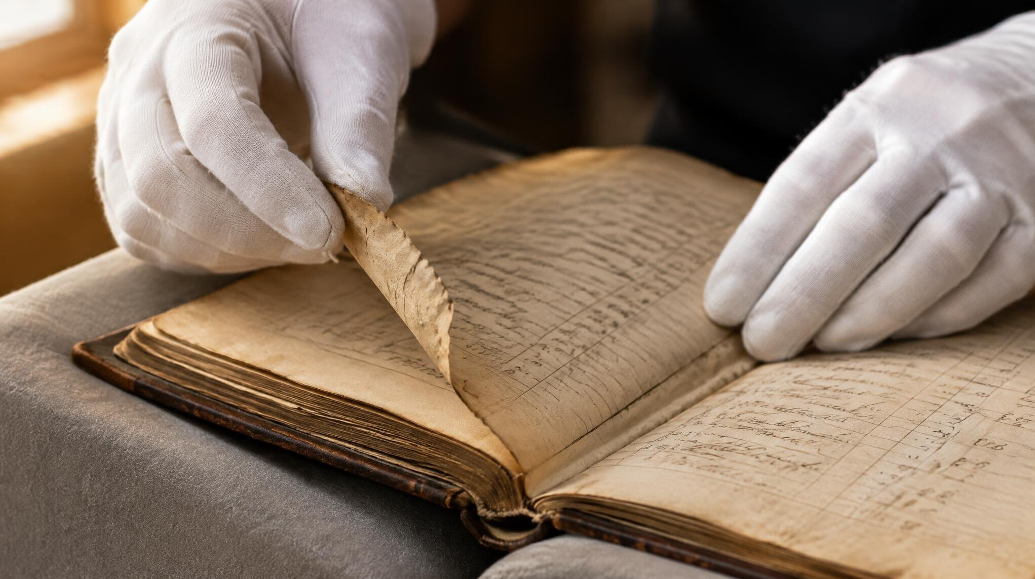 Hands in white cotton gloves turning the page of an old ledger