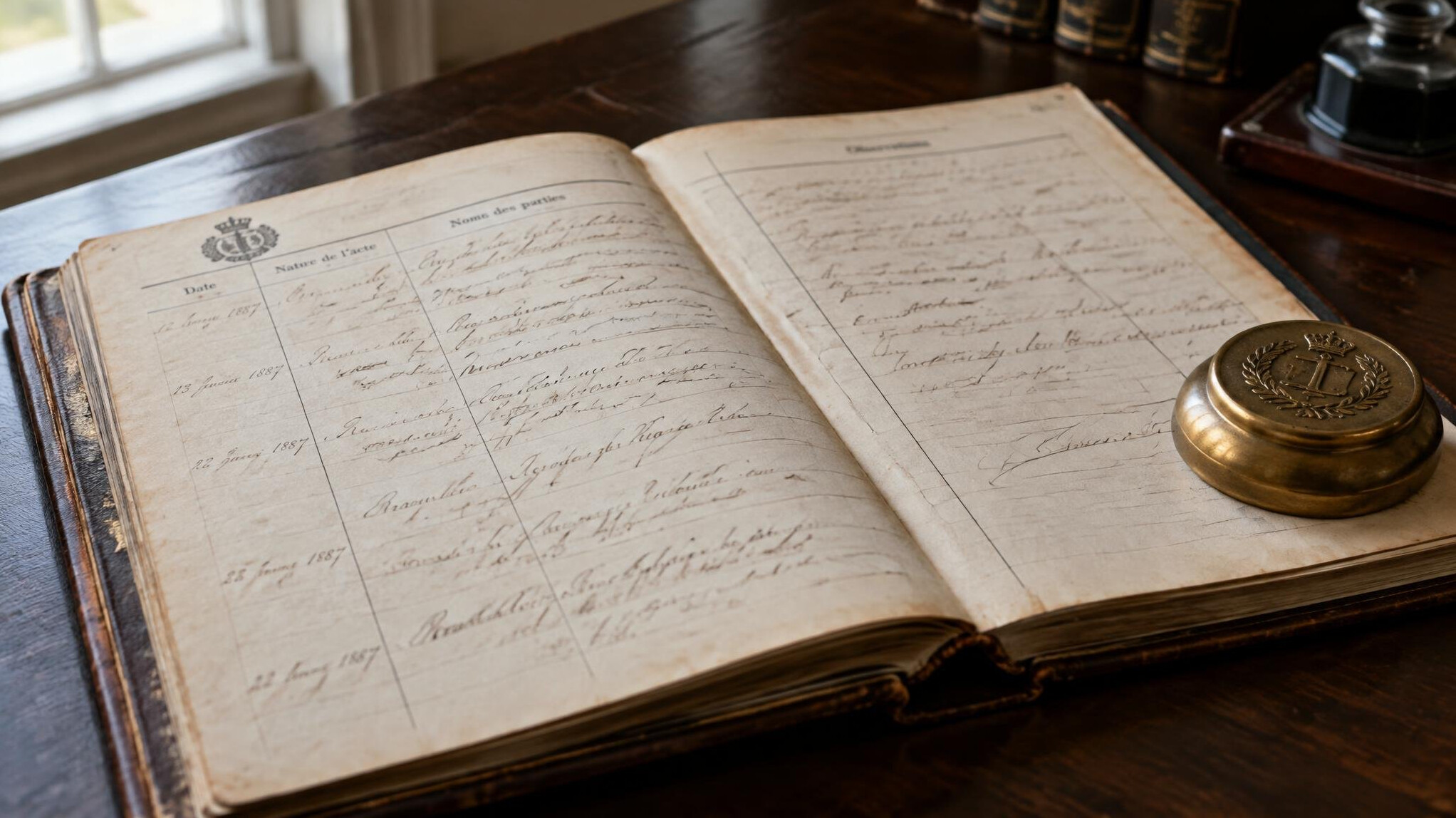 Old leather bound register book with handwritten entries on a desk